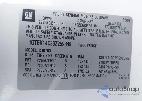 2009 GMC Sierra 1500 Work Truck z USA, uszkodzony, nr VIN 1GTEK14C29Z259849